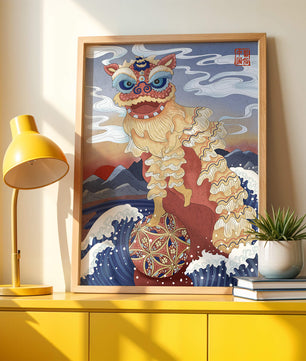 Traditionelle chinesische Löwentanzkunst mit malerischem Hintergrund
