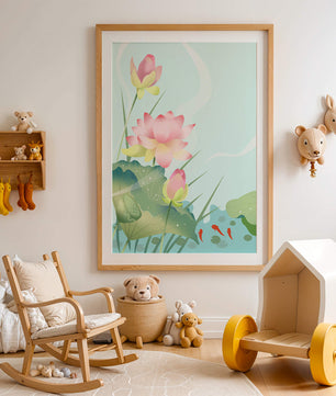Loteo de flores de loto ilustrativas con hojas y peces koi en un estanque sereno