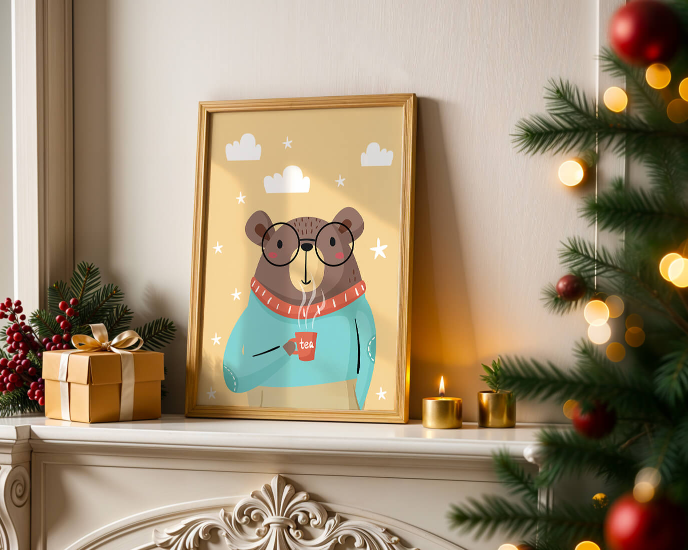 Illustration of a cozy bear enjoying tea with glasses
