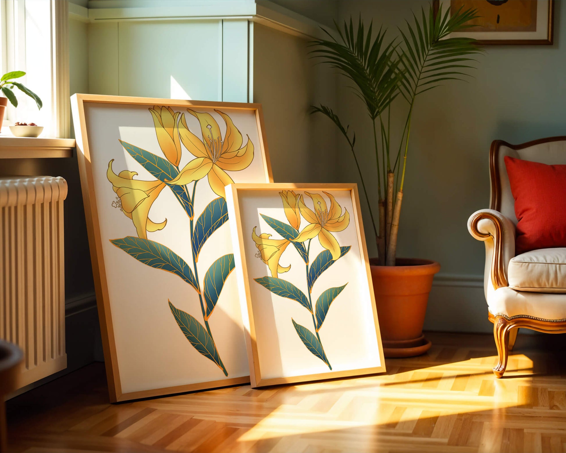 Elegant golden lily illustration with intricate leaf details
