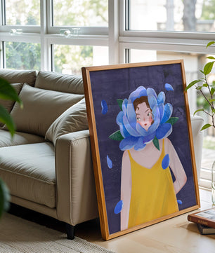 Illustration of woman with blue flower head and yellow dress