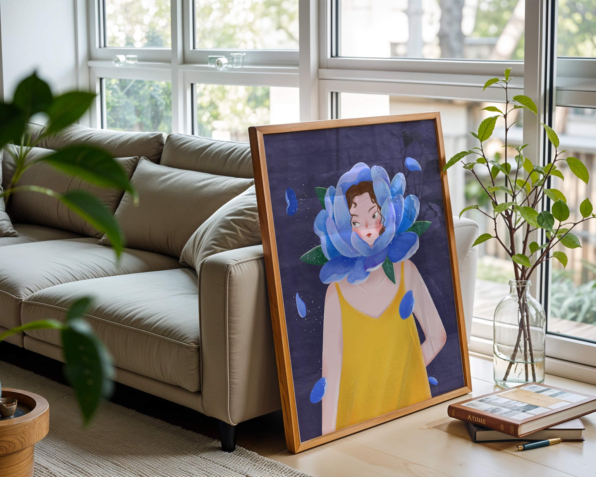 Illustration of woman with blue flower head and yellow dress