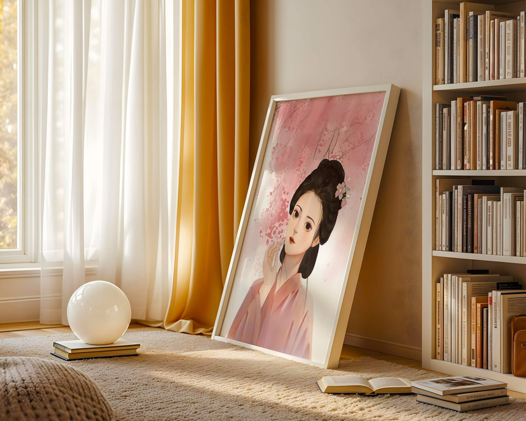 Traditional Japanese woman with pink cherry blossoms in the background