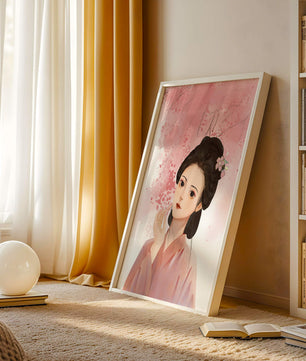 Femme japonaise traditionnelle avec des fleurs de cerisier roses en arrière-plan