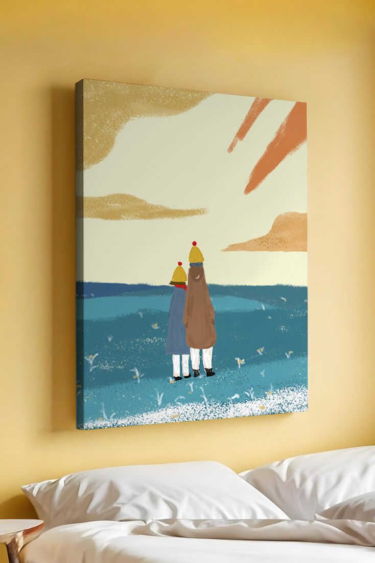 Two figures in winter clothing on a serene beach