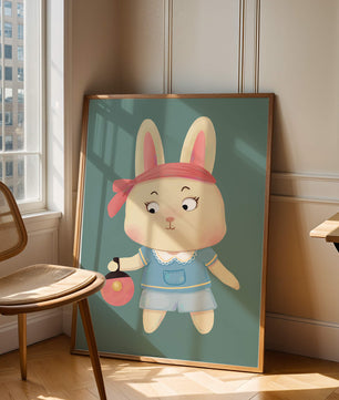 Illustration d'un lapin cartoon avec un bandeau et un sac rond