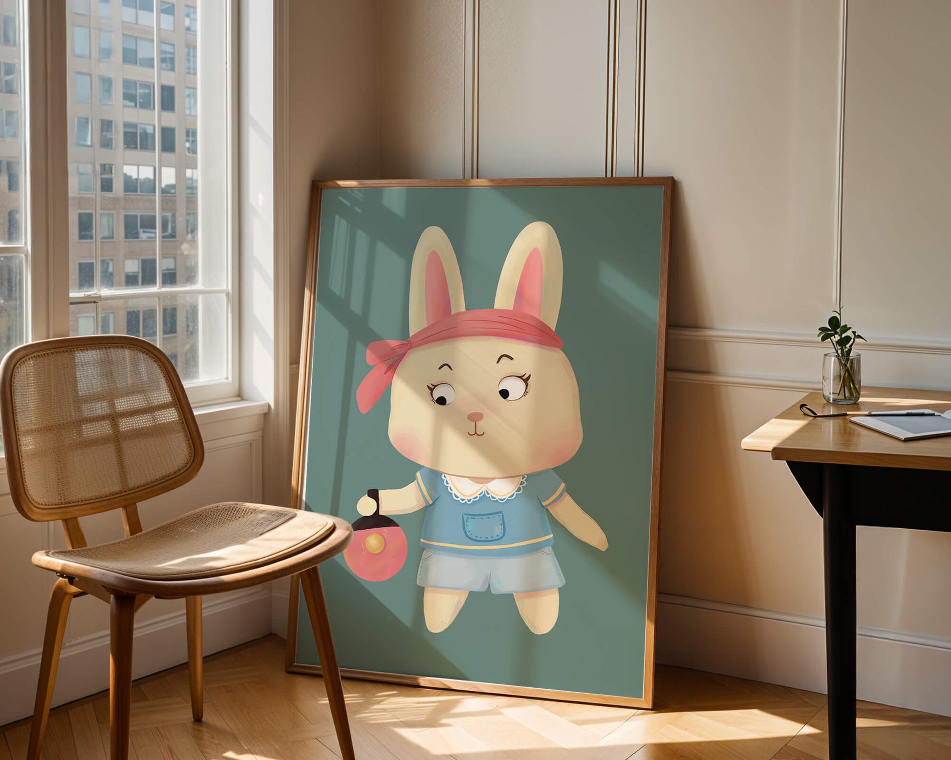Illustration d'un lapin cartoon avec un bandeau et un sac rond