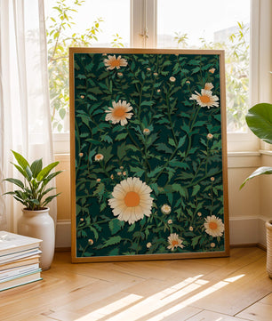 Floral pattern with daisies on a dark green background