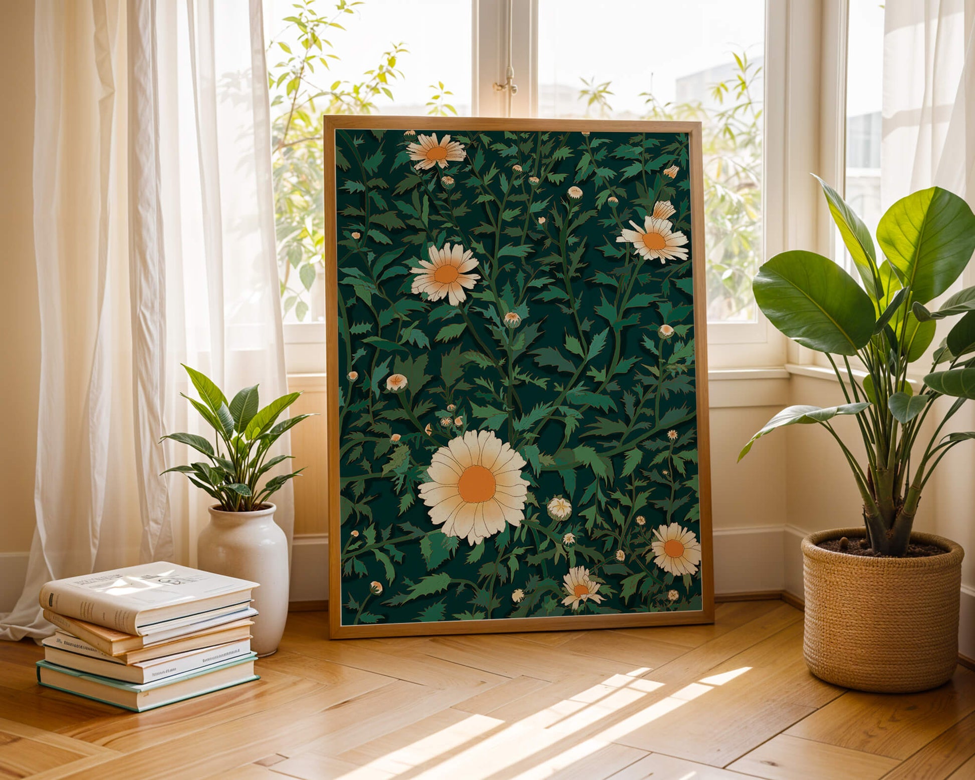 Floral pattern with daisies on a dark green background