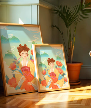 Traditional Asian Art with Woman in Hanfu Surrounded by Mountains and Peonies