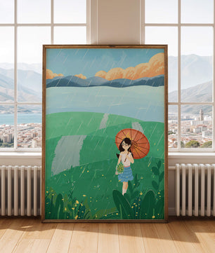 Girl with Umbrella in Rainy Meadow