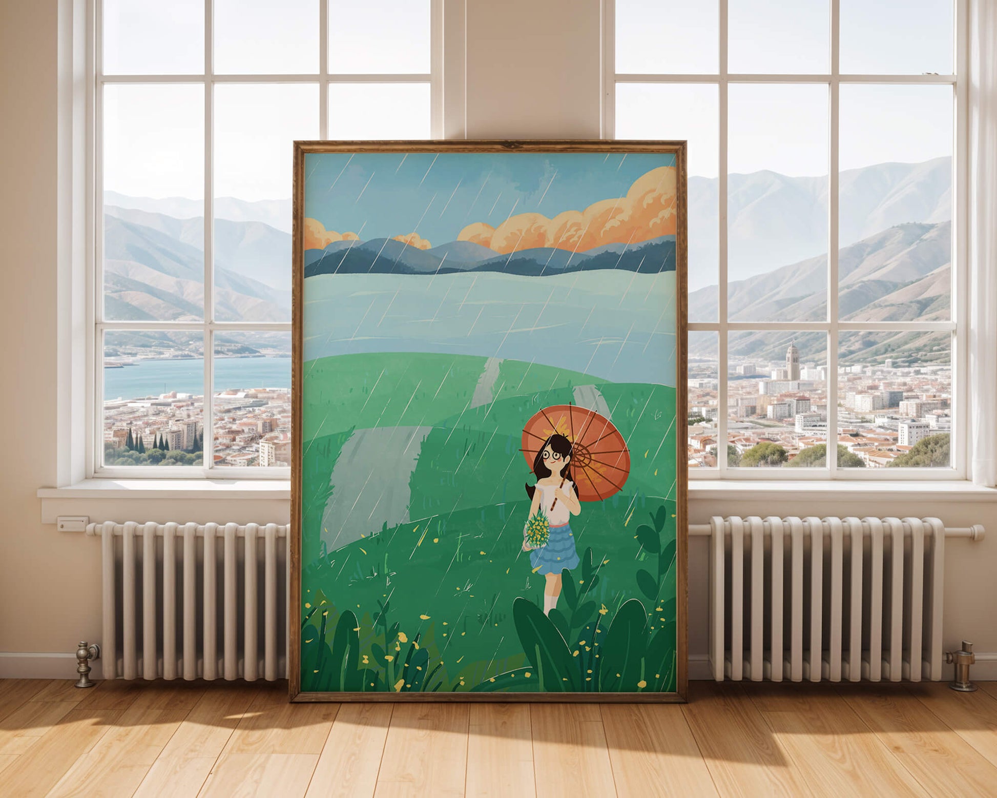 Girl with Umbrella in Rainy Meadow