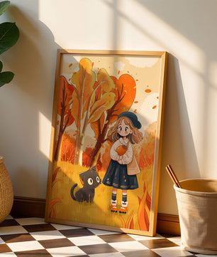 Girl with Cute Cat in Autumn Forest with Colorful Leaves