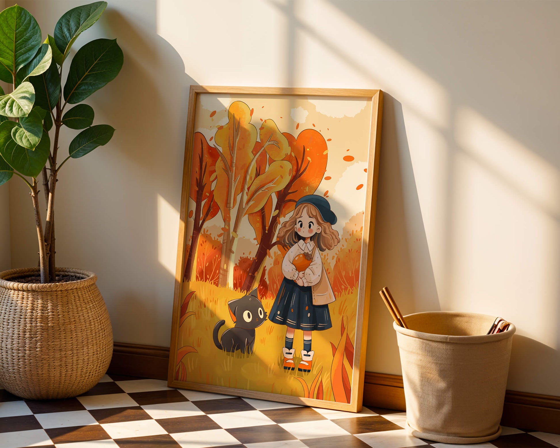 Girl with Cute Cat in Autumn Forest with Colorful Leaves