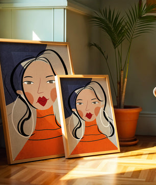 Colorful abstract portrait featuring a woman with red lips and hoop earrings on textured background - Mi tienda