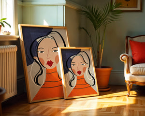 Colorful abstract portrait featuring a woman with red lips and hoop earrings on textured background - Mi tienda