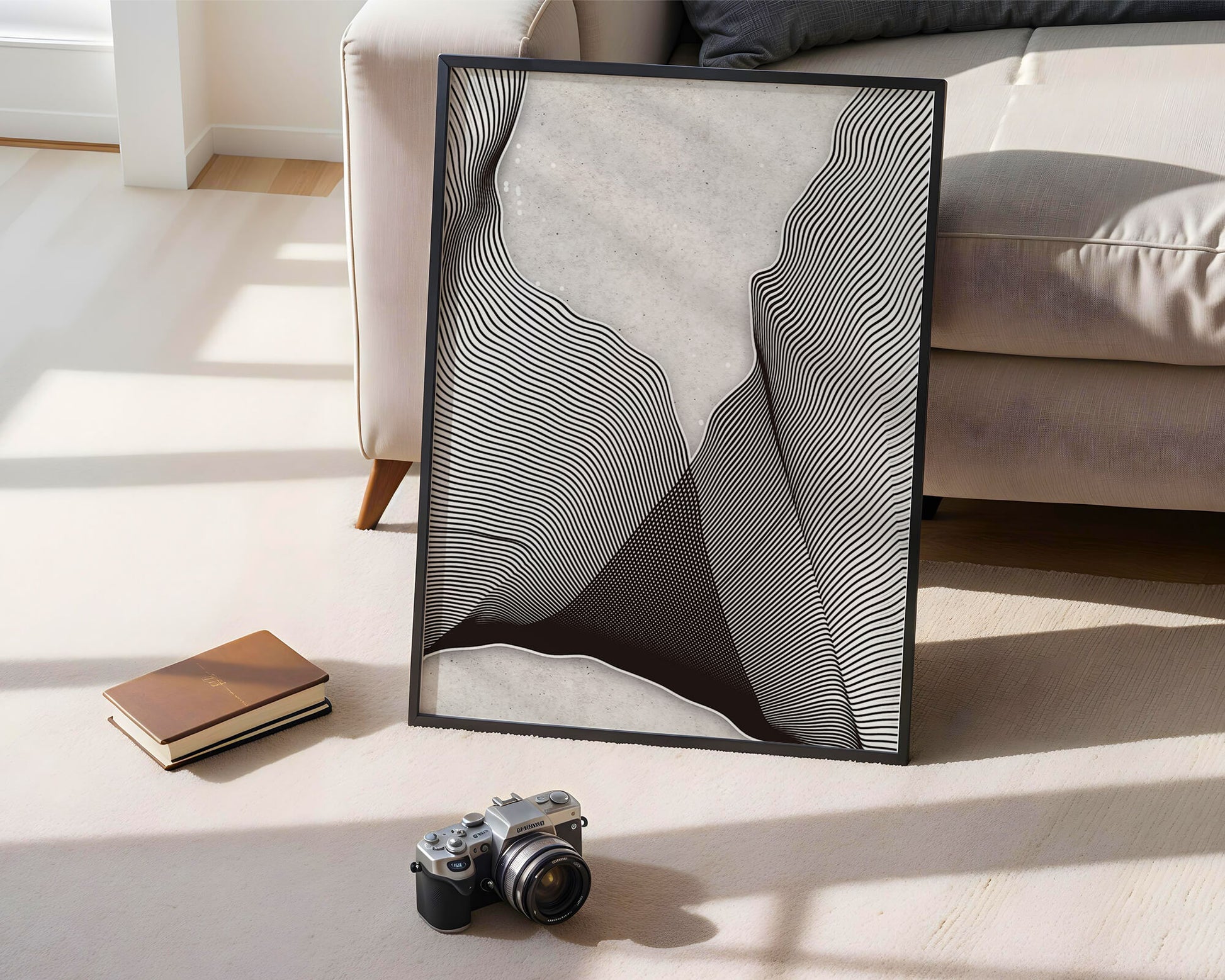 Abstract black and white wave pattern on textured background