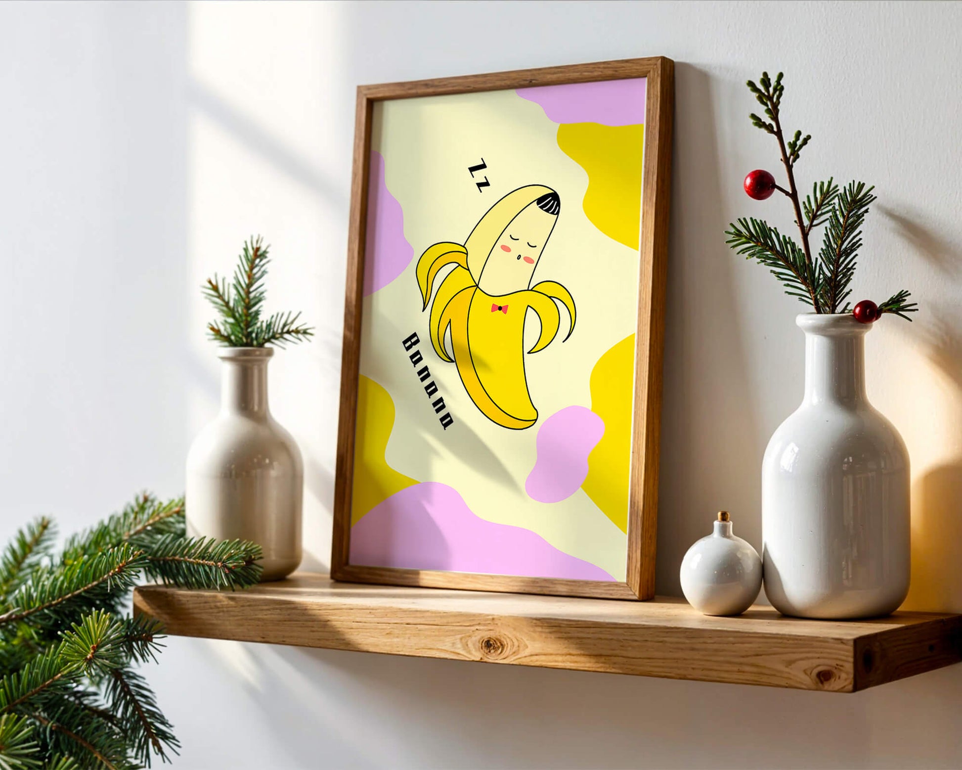 Playful illustration of a sleeping banana with colorful abstract background