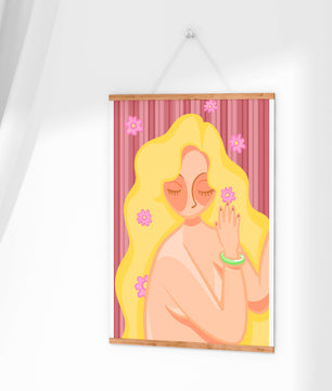 Ilustración abstracta de una mujer serena con el pelo largo y rubio y flores