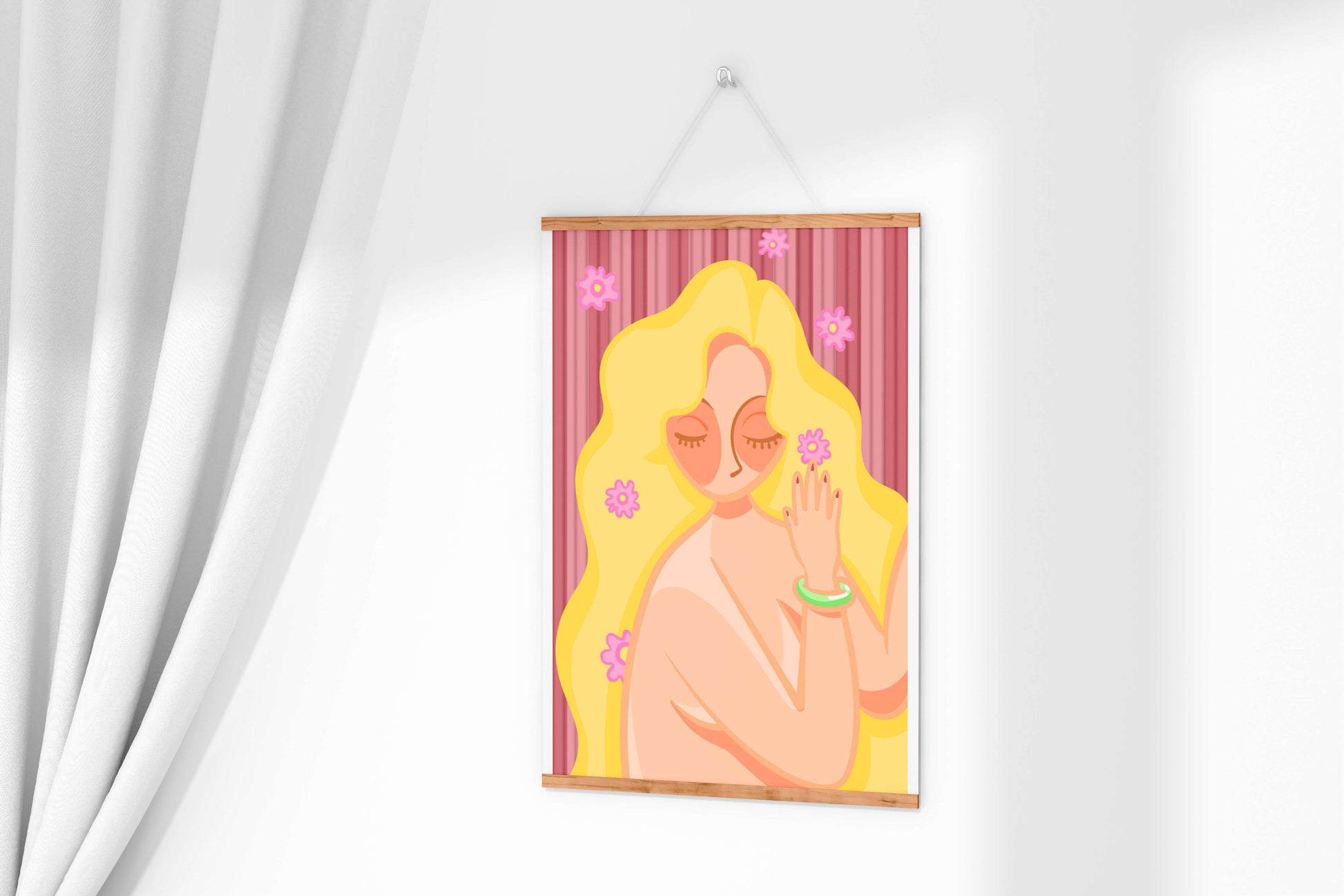 Ilustración abstracta de una mujer serena con el pelo largo y rubio y flores