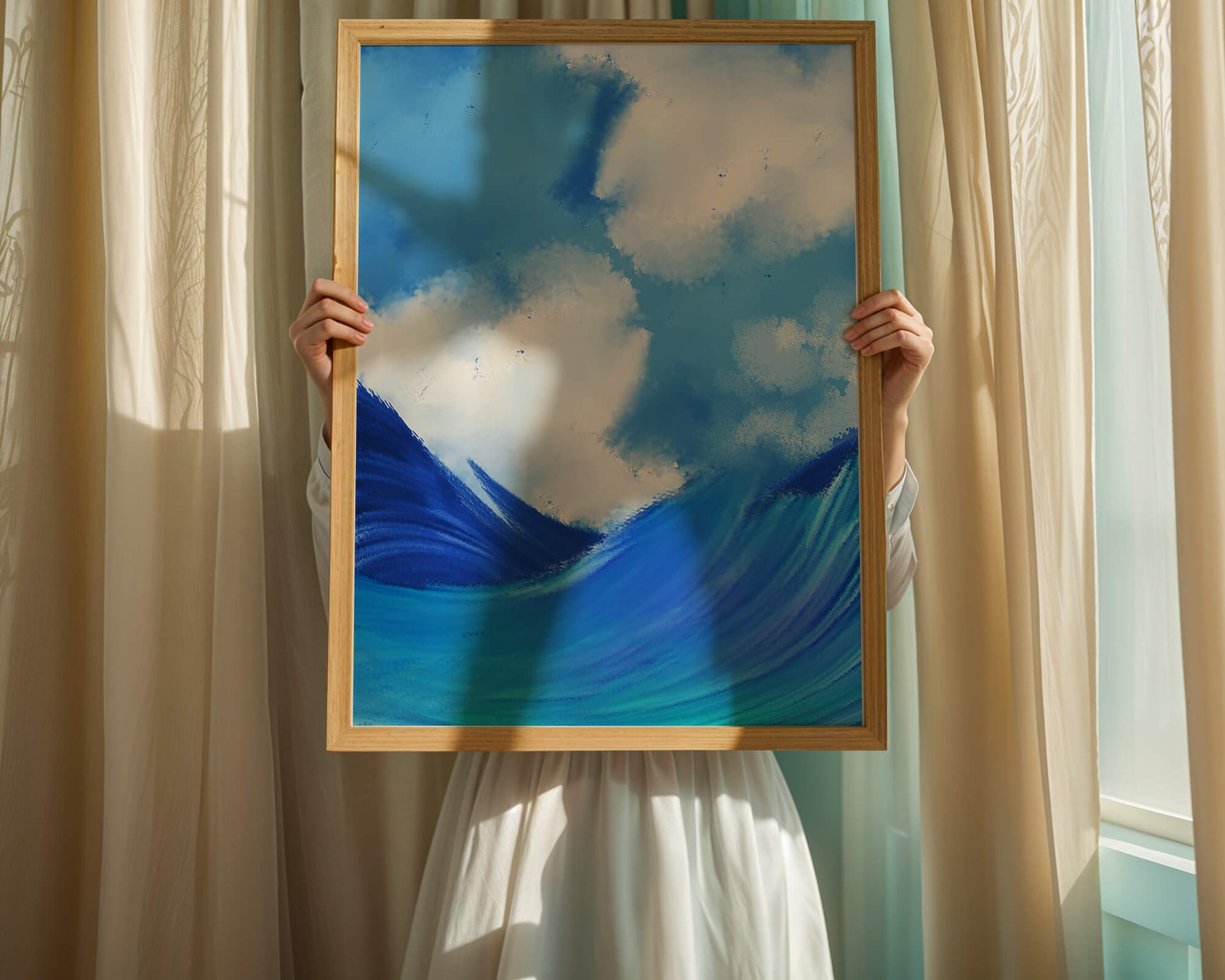 Beautiful ocean waves under a cloudy sky artwork