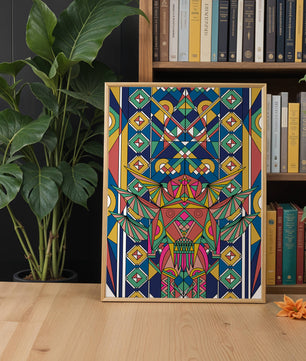 Obra de arte abstracta geométrica colorida con patrones simétricos