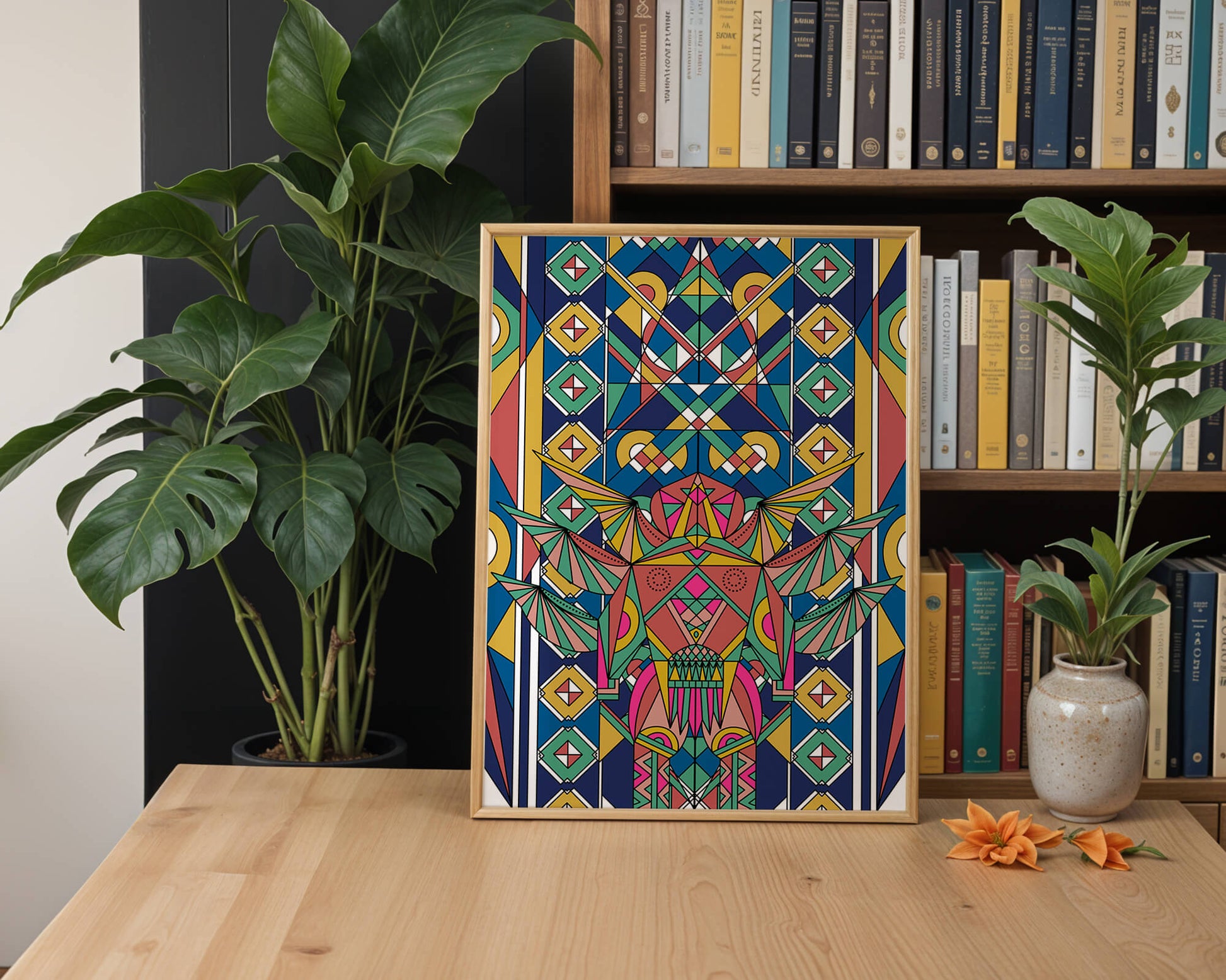 Obra de arte abstracta geométrica colorida con patrones simétricos