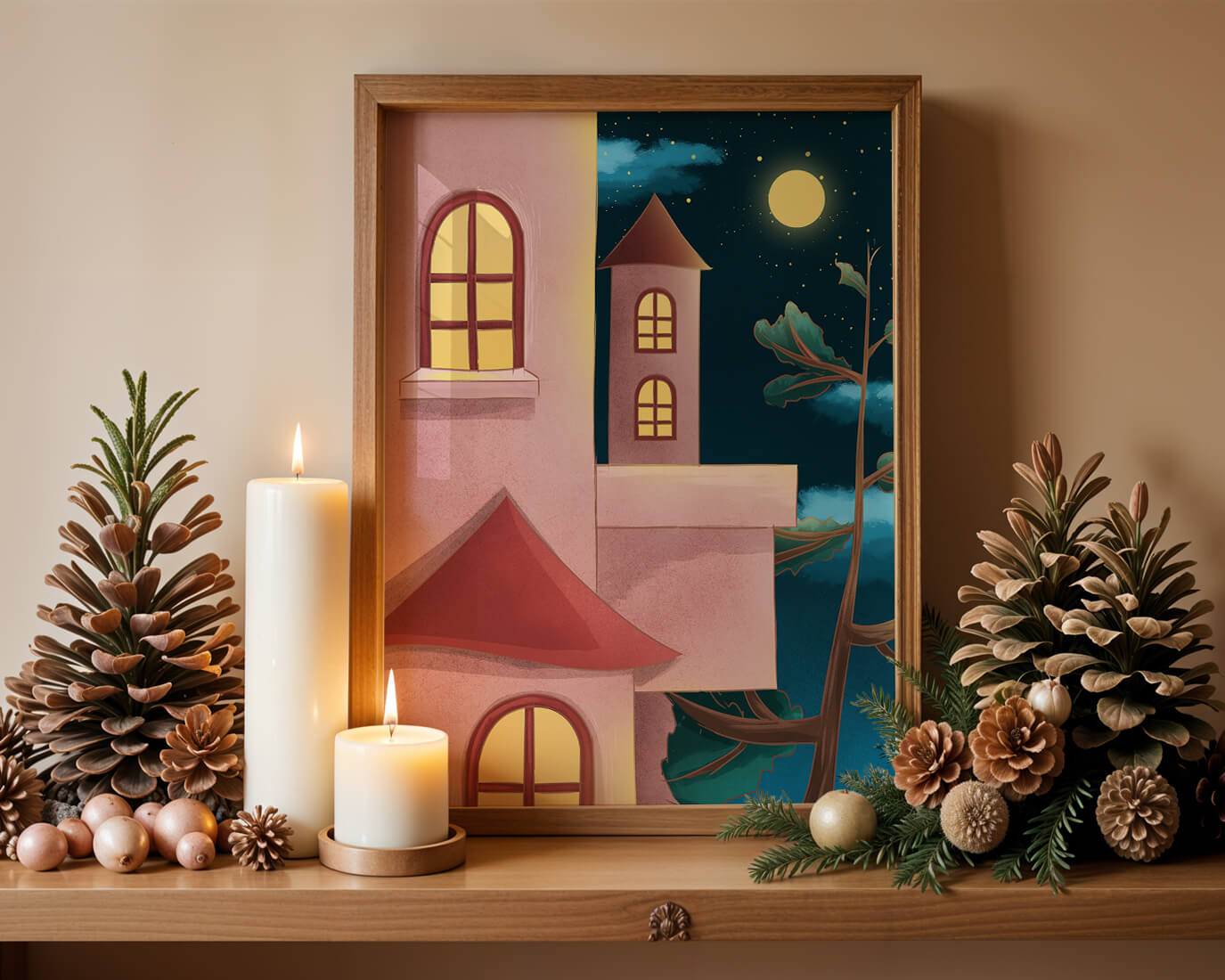 Castle with Arched Windows under Moonlit Sky