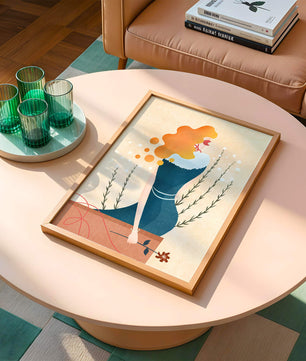 Woman with Floral Decor and Flowing Hair in Minimalist Art - Mi tienda