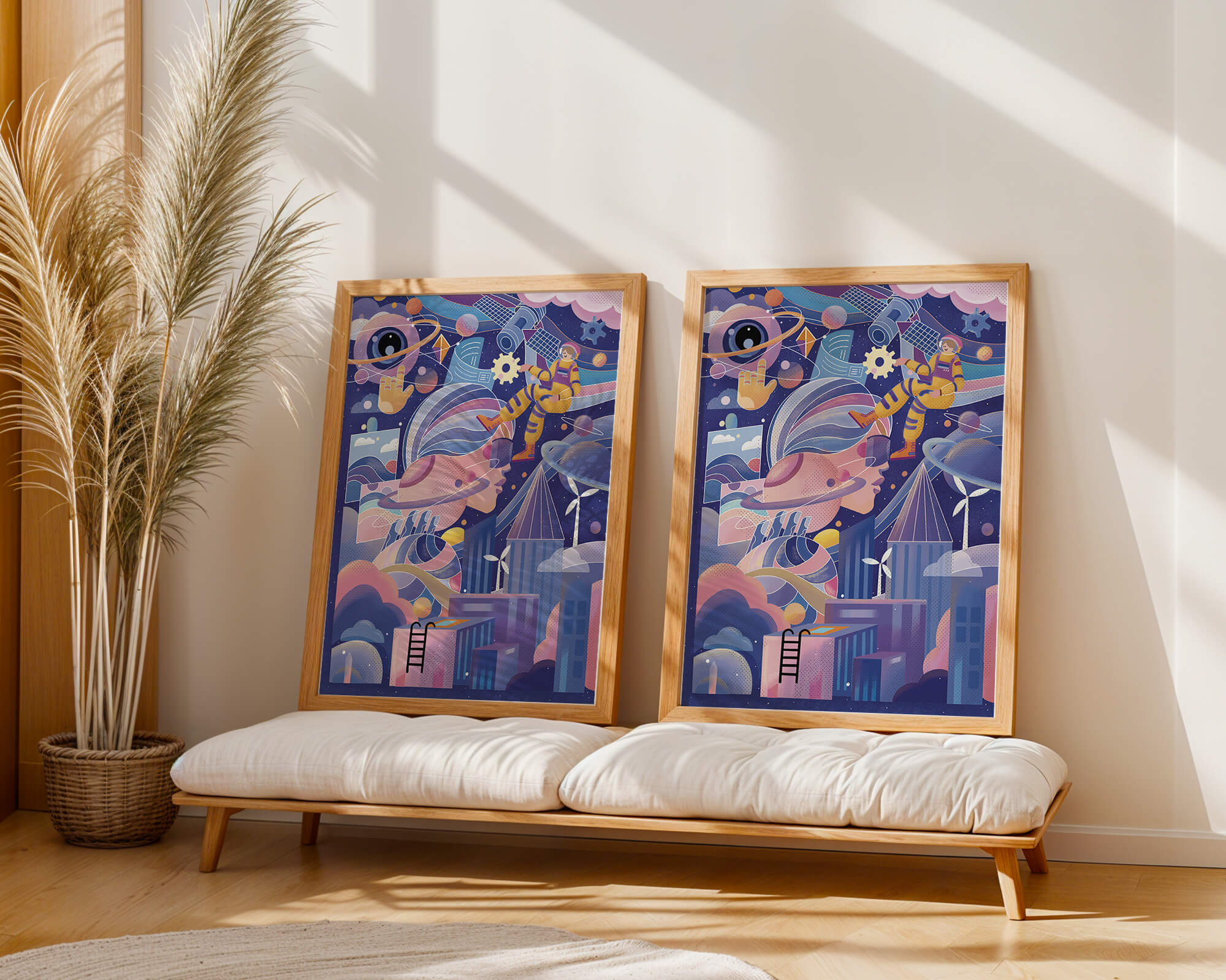 Futuristic space exploration artwork with astronaut and planets
