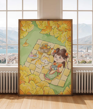 Charming autumn picnic scene with girl and cat surrounded by ginkgo leaves