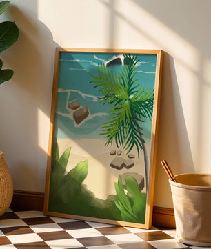 Serene tropical beach scene with lush greenery and calm waves