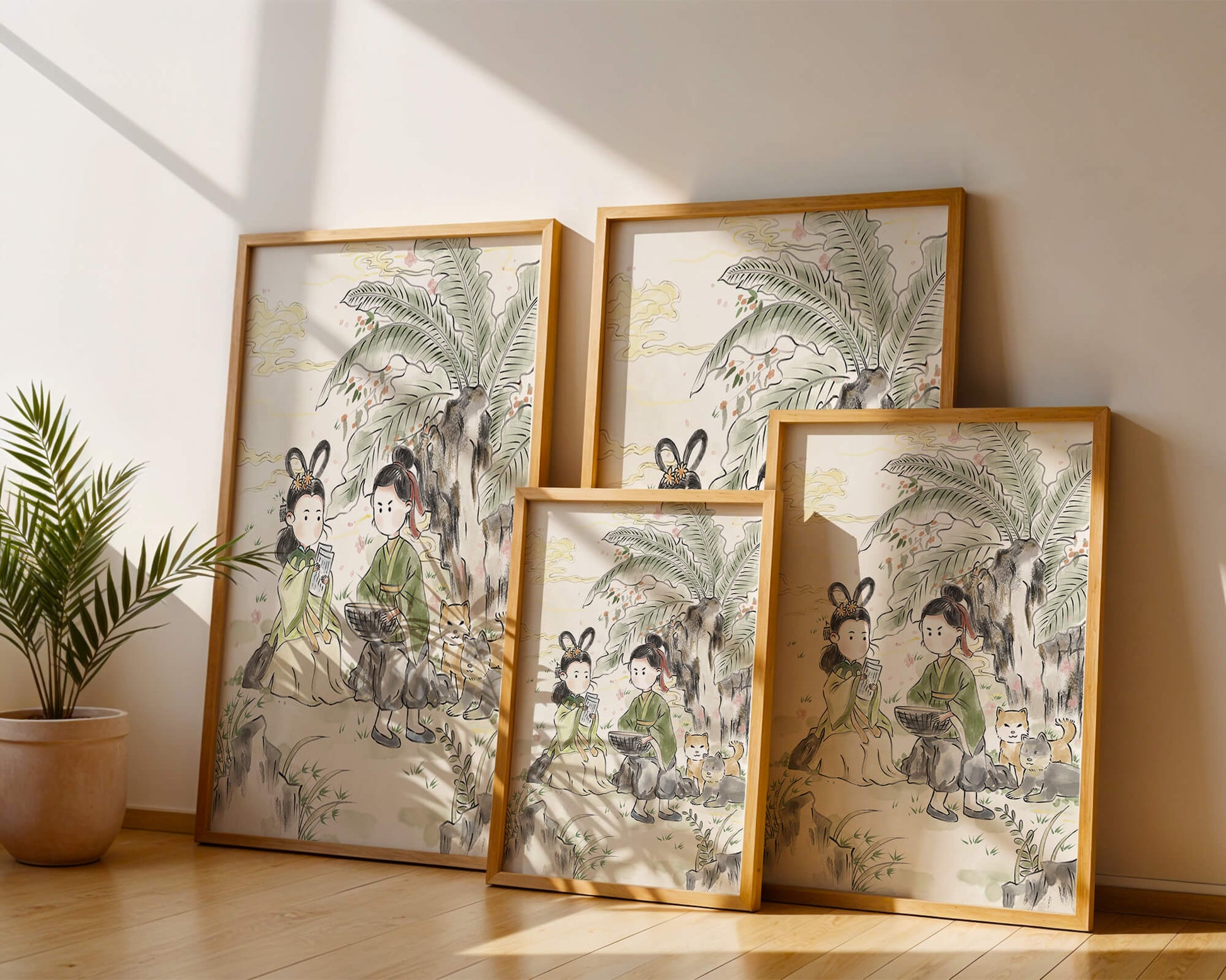 Arte asiático tradicional con dos personas y perros bajo un árbol