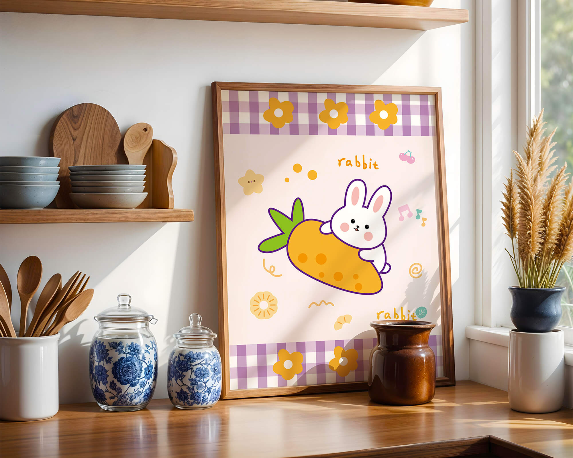 Illustrated cute rabbit with carrot on a colorful background