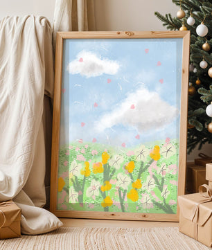 Paysage printanier avec nuages et fleurs