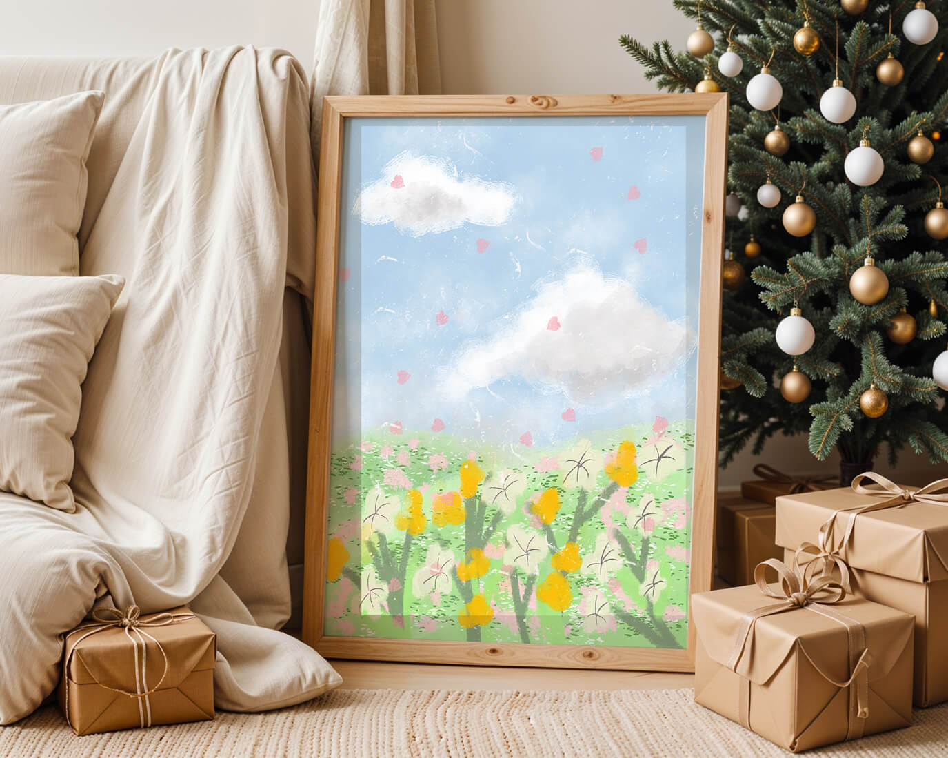 Paysage printanier avec nuages et fleurs