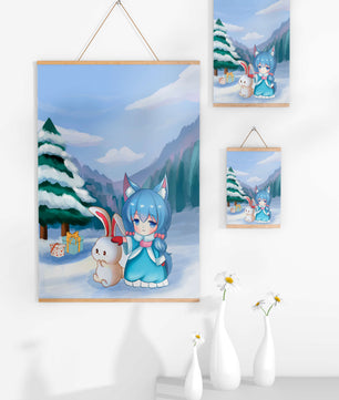 Winter scene with cute chibi character and bunny in snowy landscape