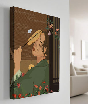Serene woman with fan surrounded by flowers