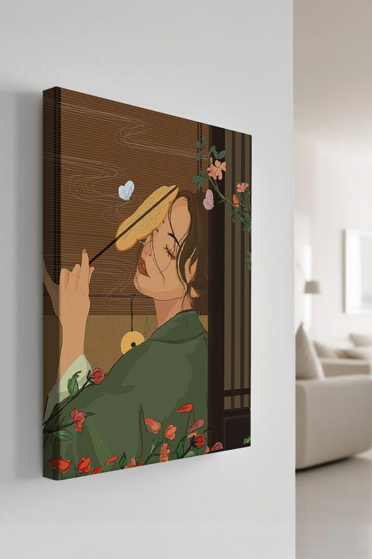 Serene woman with fan surrounded by flowers