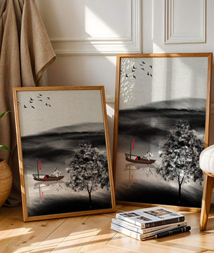 Voyage paisible en bateau dans un paysage serein avec oiseaux et arbre