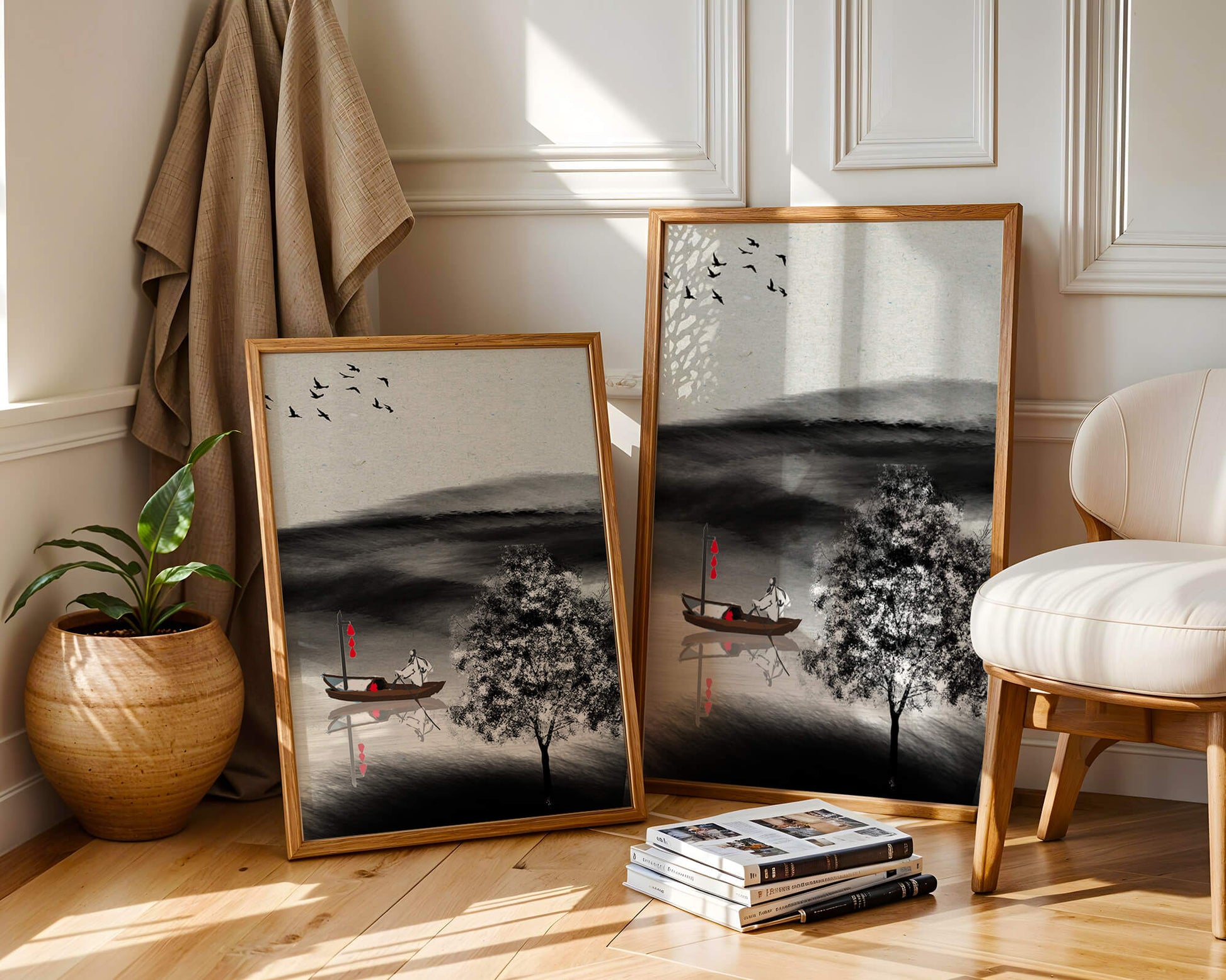 Tranquilo viaje en barco en un paisaje sereno con pájaros y árbol
