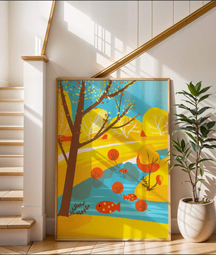 Paysage d'automne coloré avec rivière et arbres vibrants