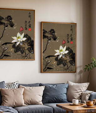 Elegant oriental floral art with gold accents and calligraphy