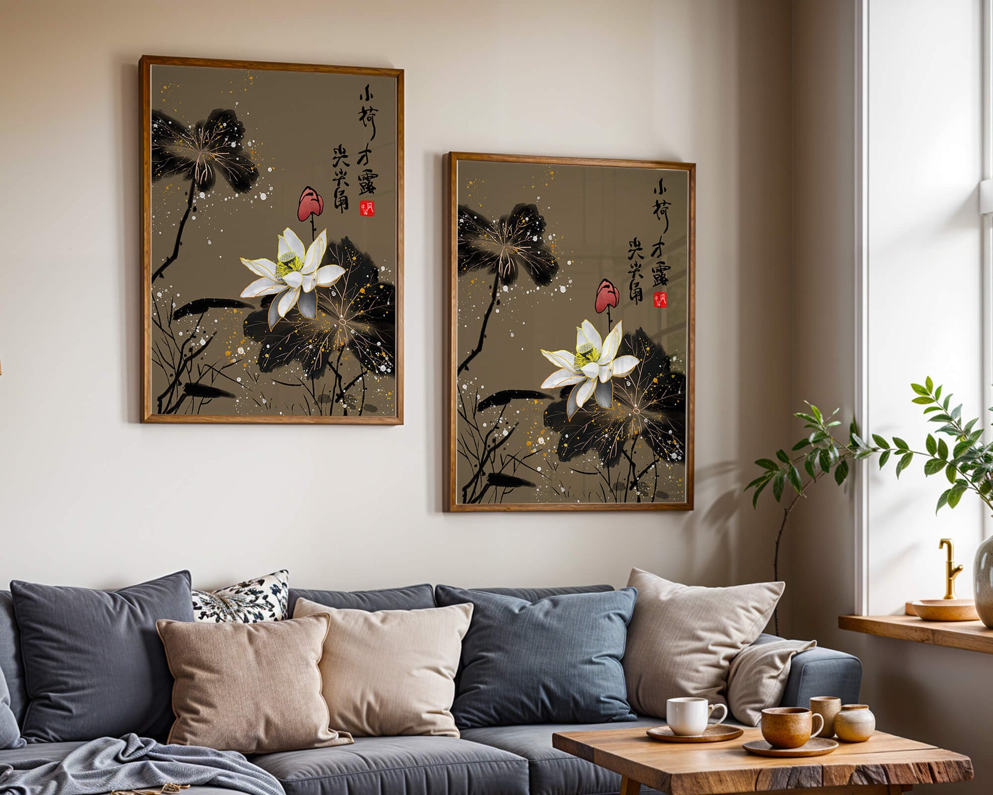 Elegant oriental floral art with gold accents and calligraphy
