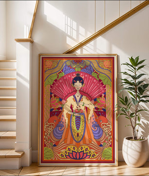 Ilustración oriental colorida con motivos de peces koi y loto