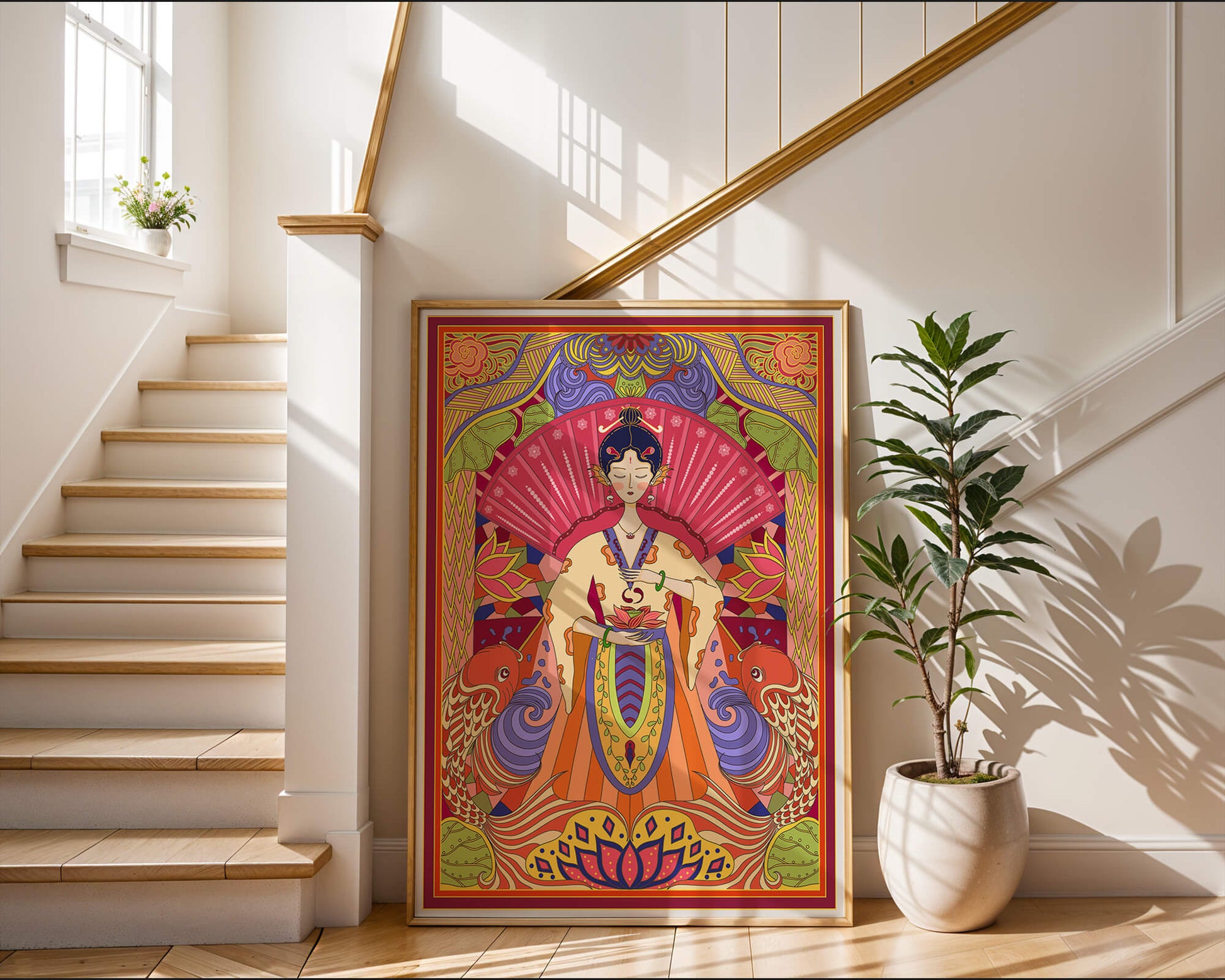 Ilustración oriental colorida con motivos de peces koi y loto