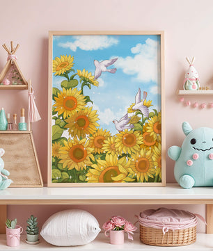 Friedliche Szene mit Sonnenblumen und Tauben unter einem strahlend blauen Himmel