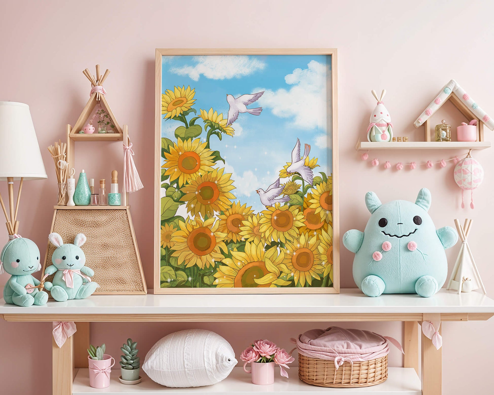 Friedliche Szene mit Sonnenblumen und Tauben unter einem strahlend blauen Himmel