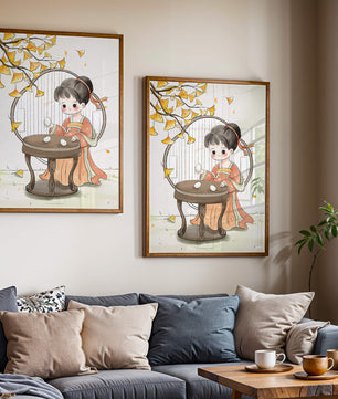 Charmante illustration d'une fille en tenue traditionnelle avec des feuilles de ginkgo