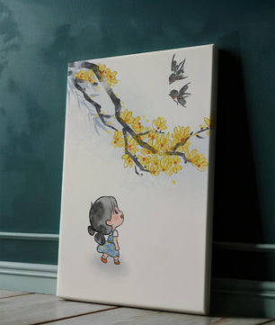 Charming illustration of a child gazing at birds and yellow blossoms